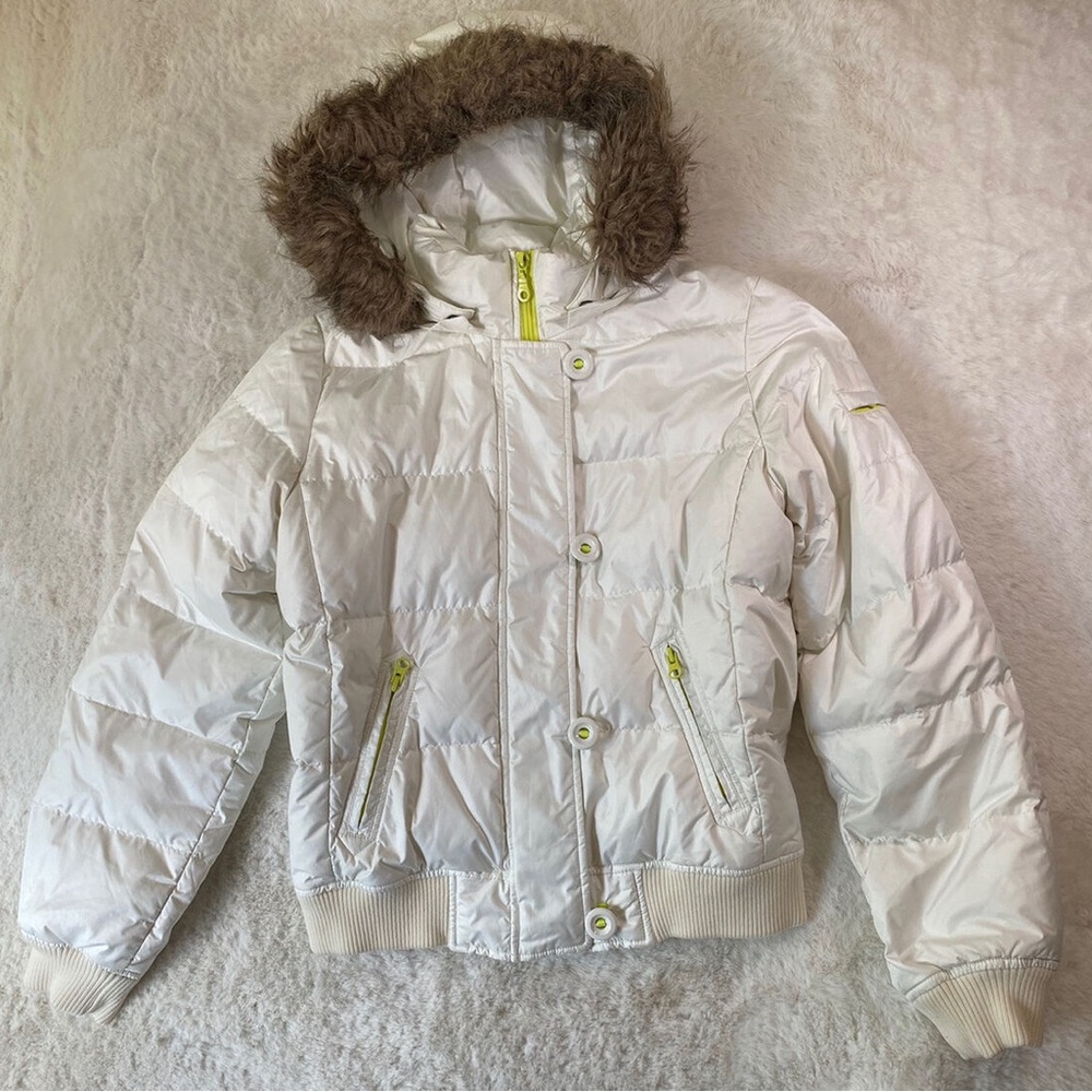 Gap Winter White Puffer Coat with Faux Fur Hood Size Large